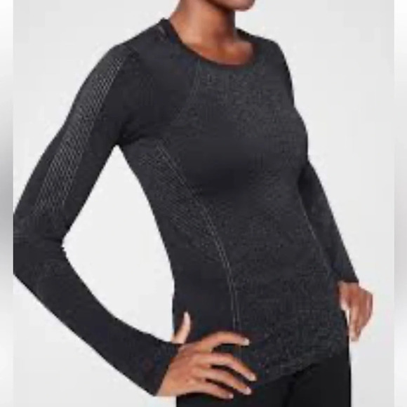 Athleta Black Silver Metallic Flurry Shine Long Sleeve Base Layer Top Size XS - Picture 1 of 9